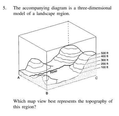 <p>Which map view best represents the topography of this region?</p>
