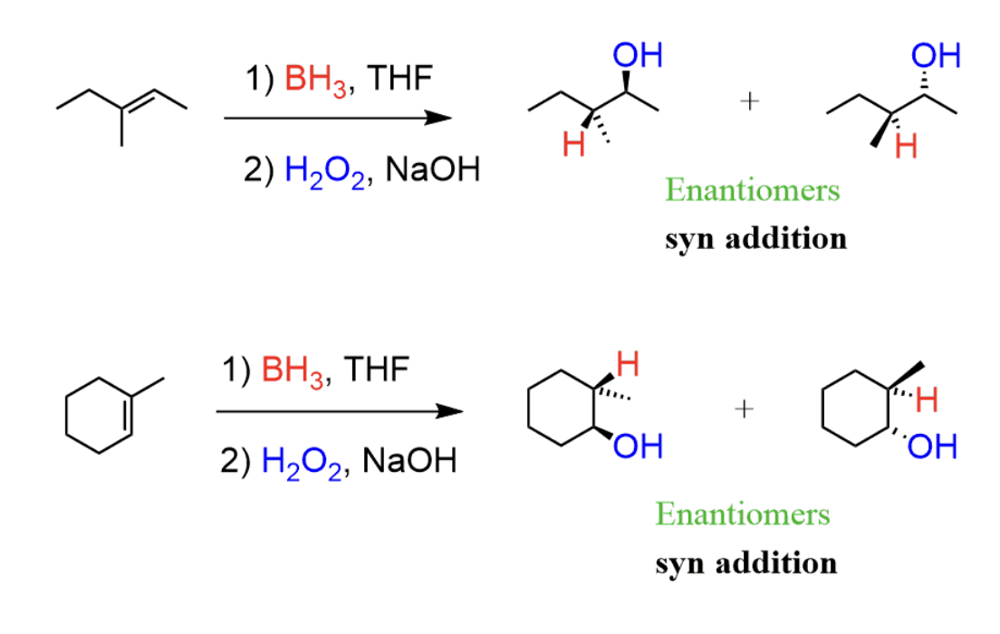 <ul><li><p><strong>Anti-Markovnikov’s Rule</strong> (H is added to the most substituted)</p><ul><li><p>Adds an OH group to the <strong>LEAST </strong>substituted carbon in the double bond</p></li></ul></li><li><p>Syn addition, the H and OH groups will be on the same plane (both dashed or solid)</p></li><li><p>2 steps - NO REARRANGEMENTS</p><p></p><ul><li><p>BH3/THF followed by -OH, H2O2, H2O</p></li><li><p>B2H6/THF followed by -OH, H2O2, H2O</p></li></ul></li></ul><p></p>