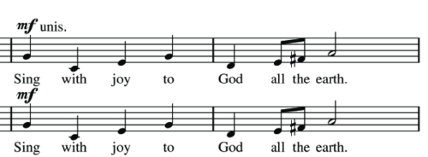<p>all instruments or voices playing or singing notes at the same pitch</p>