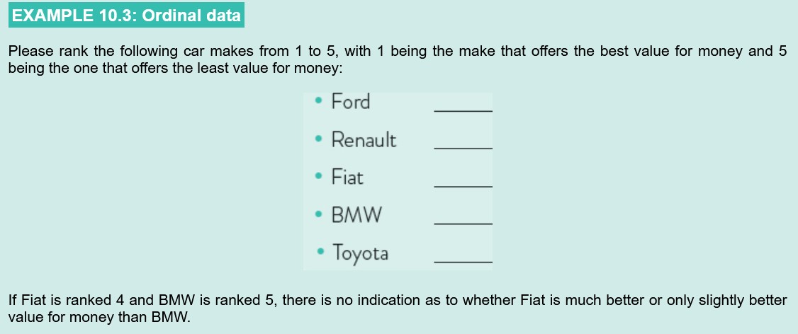 <p>Indicates <strong>order</strong>, but not equal intervals.</p><p>E.g. Rankings, satisfaction levels</p>