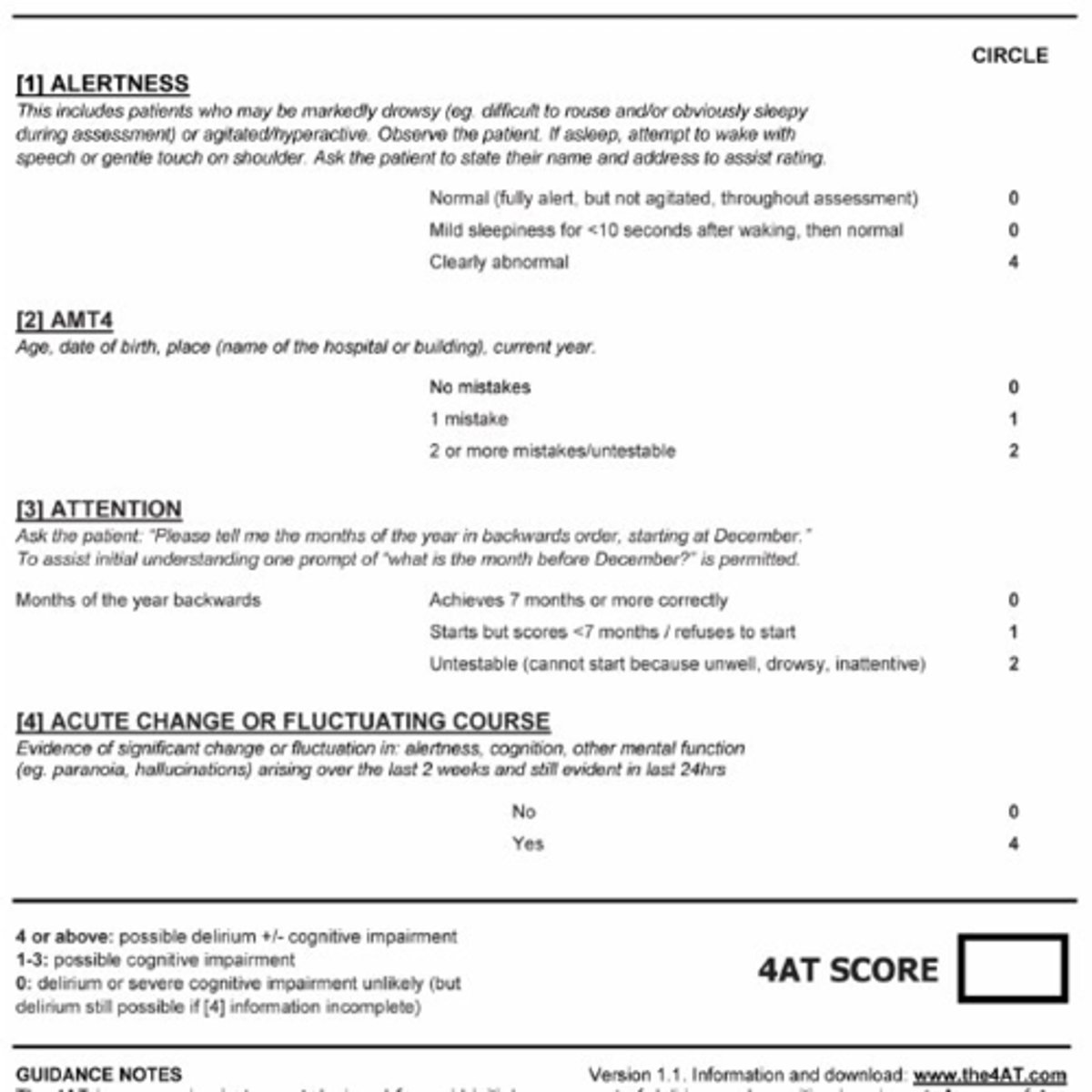 <p>Describe the 4AT Test</p>