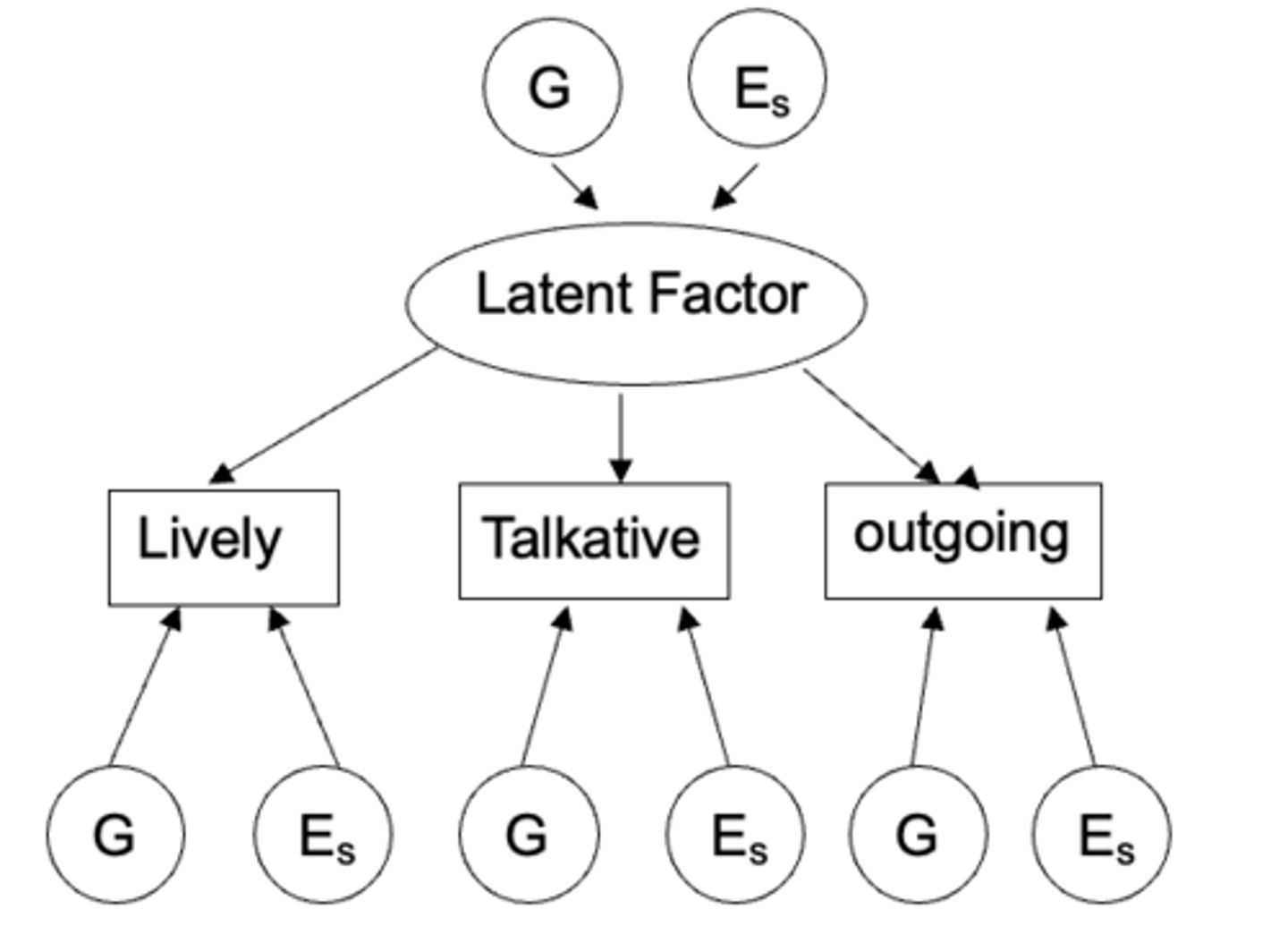 <p>each common latent factor (e.g extraversion) have its own environmental affects but the behaviours that are elicited have their own genetic effects. </p><p>- suggest that genetic and environmental factors influence all variables through a single, underlying latent factor</p>