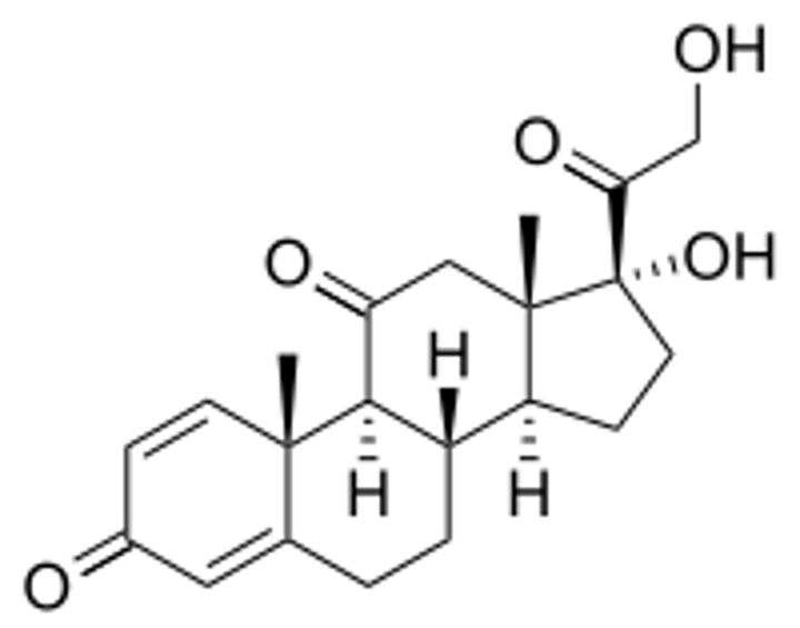 <p><strong>Brand:</strong> Deltasone</p><p><strong>Class:</strong> Corticosteroid</p><p><strong>MOA:</strong> Alters the body's immune response to stimuli. Decreases inflammation by suppression of migration of polymorphonuclear leukocytes and reversal of increased capillary permeability; suppresses the immune system by reducing activity and volume of the lymphatic system; suppresses adrenal function at high doses. Antitumor effects may be related to inhibition of glucose transport, phosphorylation, or induction of cell death in immature lymphocytes. </p>