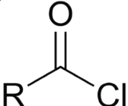 <p>One Carbon atom is double bonded to a Oxygen and single bonded to a halogen</p>