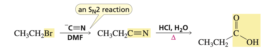 <p>1.) - C<span>≡N, DMF 2.) HCl, H2O, heat</span></p>