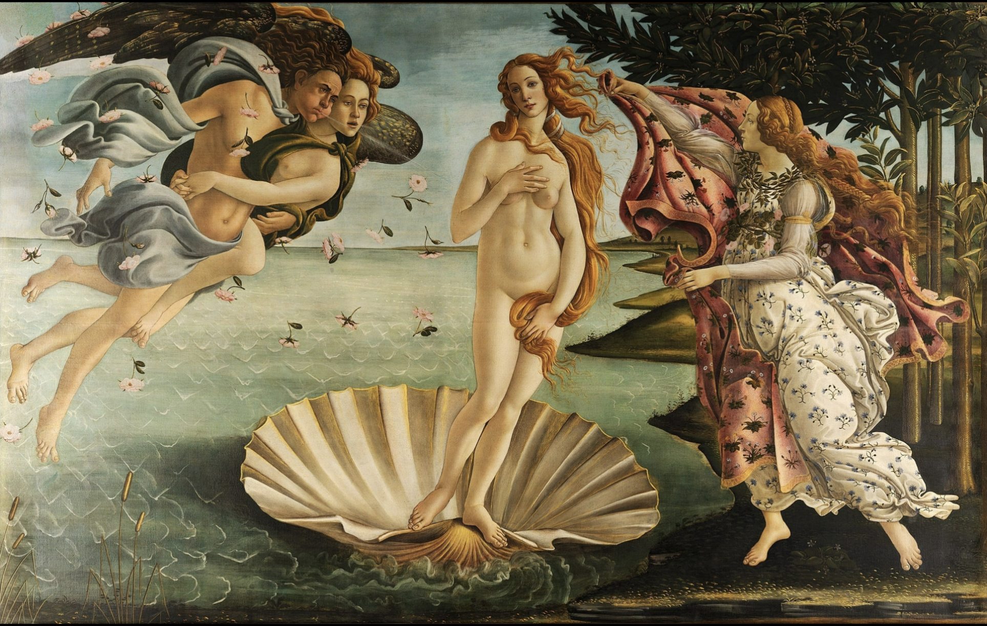 <ul><li><p>Tempera on canvas</p></li><li><p>Florence</p></li><li><p>Pagan subject matter</p></li><li><p>Burned many of his paintings due to religious stuff or sm</p></li><li><p>Made for humanist education of major ruling family of Florence</p><ul><li><p>Would’ve taught young child of greco-roman values of beauty</p></li></ul></li><li><p>Paining is allegory of beauty</p><ul><li><p>Symbolizes and ideal concept or principle</p></li><li><p>Venus is beauty personified</p><ul><li><p>Figure in seashell implying pearl</p></li><li><p><strong>Venus pudica pose</strong></p></li></ul></li></ul></li><li><p>Unusual stylistic approach</p><ul><li><p>Botticelli uses black outlines for clear contour lines</p></li><li><p>Emphasizing/exaggerating curvature of her body (no shoulders)</p></li><li><p>Uses golden hue for hair</p></li><li><p>Patterning across robe, canvas, and ocean&nbsp;</p></li><li><p>More stylized piece not trying to hide the flatness of a painting</p></li></ul></li><li><p>Bottecelli is interested in interesting&nbsp;values/colors more than forms</p><ul><li><p>Emphasize graceful poetic qualities</p></li><li><p>Departing from direct observation</p></li><li><p>Using a more stylized approach</p></li></ul></li><li><p>Although he still makes religious works</p></li></ul>