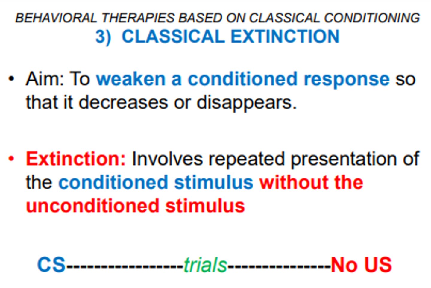 <p>the gradual weakening of a conditioned response that results in the behavior decreasing or disappearing</p>