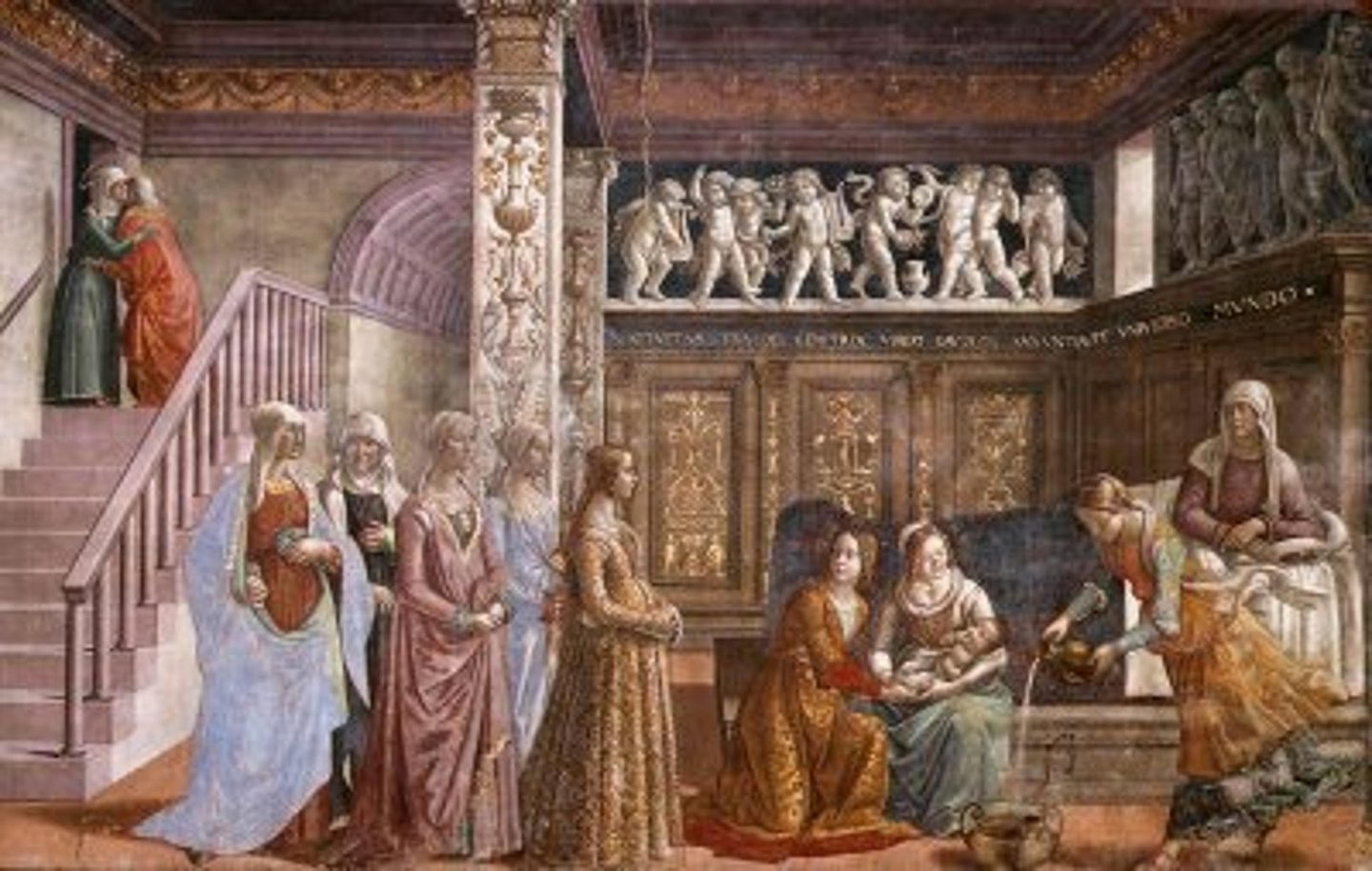<p>1485-1490. Fresco. Santa Maria Novella, Florence, Italy</p><p>Subject: The birth of the Virgin Mary</p><p>- Placing biblical figures in a contemporary environment </p>