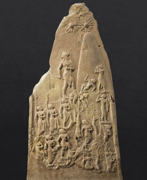 <ul><li><p>Military victory</p></li><li><p>people are nude and defeated&nbsp;</p></li><li><p>horned helmet=divine power</p></li><li><p>later looted by Elamites&nbsp;</p></li><li><p>inscription shows success and power</p></li><li><p>Elamites in Susa saw this object as power of the king, plunder, looting, and destruction</p></li></ul><p></p>