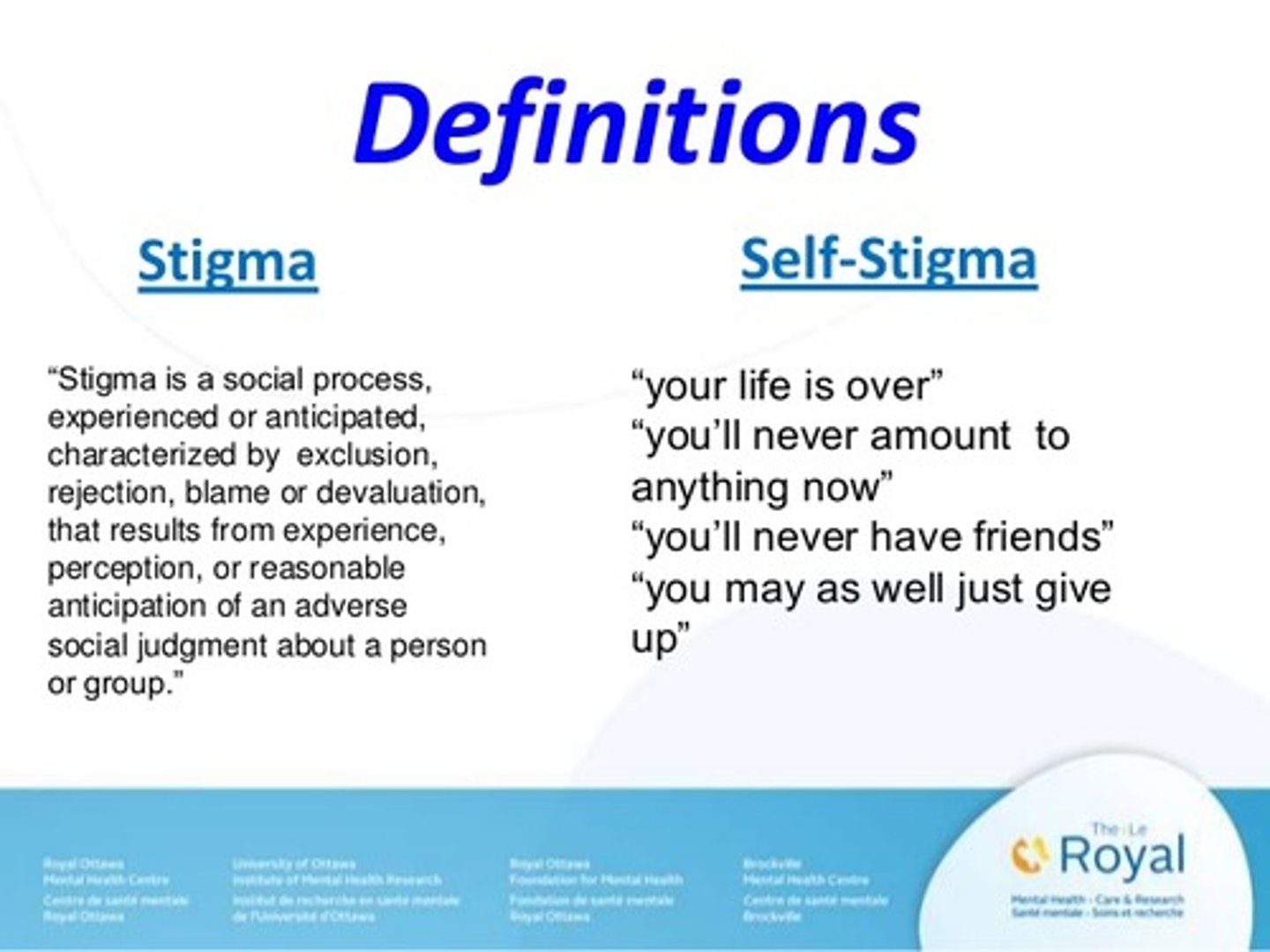 <p>Social Stigma - negative belief toward a group of people (i.e. "mentally ill are dangerous").</p><p>Self Stigma - when one internalizes the Stigma that has been placed upon them (i.e. "maybe I really am dangerous and need to be locked away").</p>