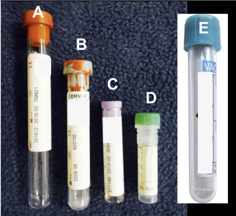 <p><span style="font-family: Lato Extended, Lato, Helvetica Neue, Helvetica, Arial, sans-serif">Match the letter in the left column (which correspond to the collection tubes below)with the </span><em><span>MOST COMMON</span></em><span style="font-family: Lato Extended, Lato, Helvetica Neue, Helvetica, Arial, sans-serif">&nbsp;USE or ACCURATE DESCRIPTION of&nbsp;the sample (right column)&nbsp;that would be contained or submitted in that tube.</span></p>