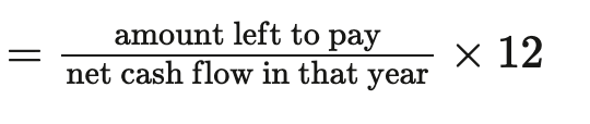 <p>(Initial Investment - Netflow of year before payback is paid) / Netflow of the year cummulative cash flow is more than initial investment</p>