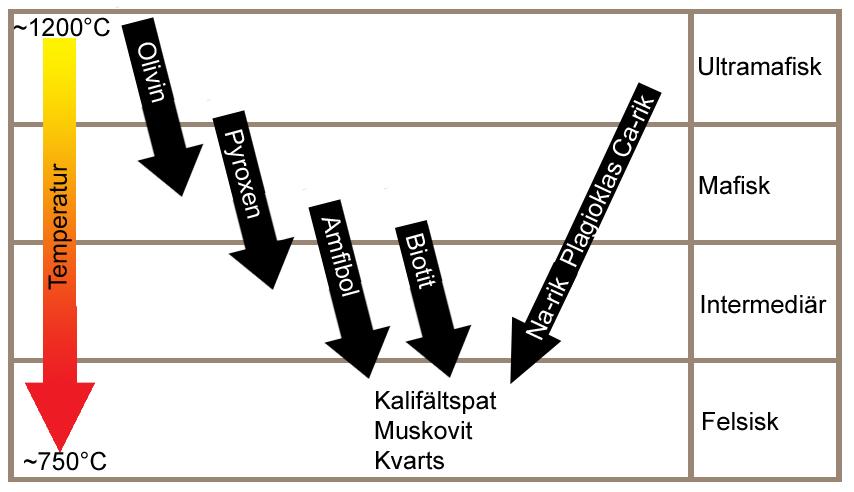 Beskriver i vilken ordning, enligt temperatur, som olika mineral kristalliseras.

\
Mineraler som kristalliserar på större djupsvalnar långsammare och får längre tid för tillväxt av kristaller => mera grovkornig