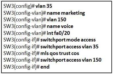 <p><strong>Refer to the exhibit. A technician is programming switch SW3 to manage voice and data traffic through port Fa0/20. What, if anything, is wrong with the configuration?</strong></p><ul><li><p>There is nothing wrong with the configuration.</p></li><li><p>Interface Fa0/20 can only have one VLAN assigned.</p></li><li><p>The mls qos trust cos command should reference VLAN 35.</p></li><li><p><span style="font-size: inherit; font-family: inherit">The command used to assign the voice VLAN to the switch port is incorrect.</span></p></li></ul><p></p>