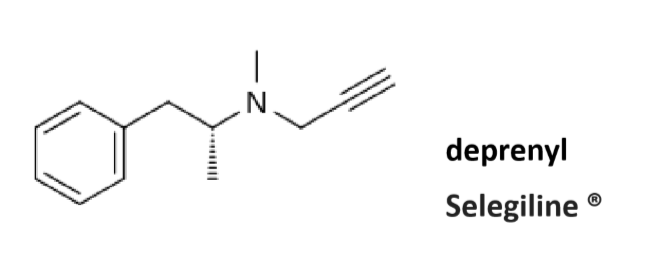 <p>Irreversible, MAO B selective</p><p>Reduces dosages needs of LDOPA</p><p>N-dealkylated by CYPs to L methamphetamine</p><p></p><p>L methamphetamine metabolized to L amphetamine→ vasoactive activity → associated with cardiovascular and psychiatric side effects</p>