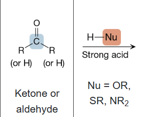 <p>What is the product of the reaction between a ketone or aldehyde, and H-Nu (1st step), and strong acid (2nd step)?</p>