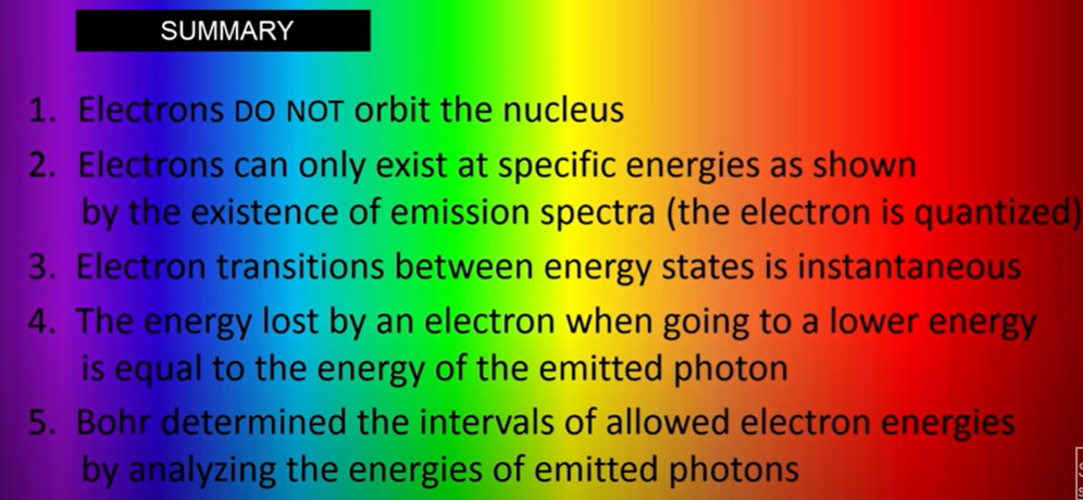 <ul><li><p><strong>Electrons orbit the nucleus in fixed, circular paths called "stationary orbits":</strong></p><p>Electrons can only occupy specific, discrete orbits around the nucleus and do not radiate energy while in these orbits.<span>&nbsp;</span></p></li><li><p><strong>Each orbit has a specific energy level:</strong></p><p>Every orbit is associated with a fixed amount of energy, with higher energy levels further from the nucleus.<span>&nbsp;</span></p></li><li><p><strong>Electron energy is quantized:</strong></p><p>Only certain energy levels are allowed, meaning electrons can only jump between specific energy states.<span>&nbsp;</span></p></li><li><p><strong>Electrons absorb or emit energy when changing orbits:</strong></p><p>When an electron moves to a higher energy level, it absorbs energy (like a photon), and when it moves to a lower energy level, it emits energy (as a photon).<span>&nbsp;</span></p></li><li><p><strong>The angular momentum of an electron in a stationary orbit is quantized:</strong></p><p><span style="font-family: Google Sans, Roboto, Arial, sans-serif">The angular momentum of an electron is restricted to specific values, which are multiples of Planck's constant.&nbsp;</span></p></li></ul><p></p>