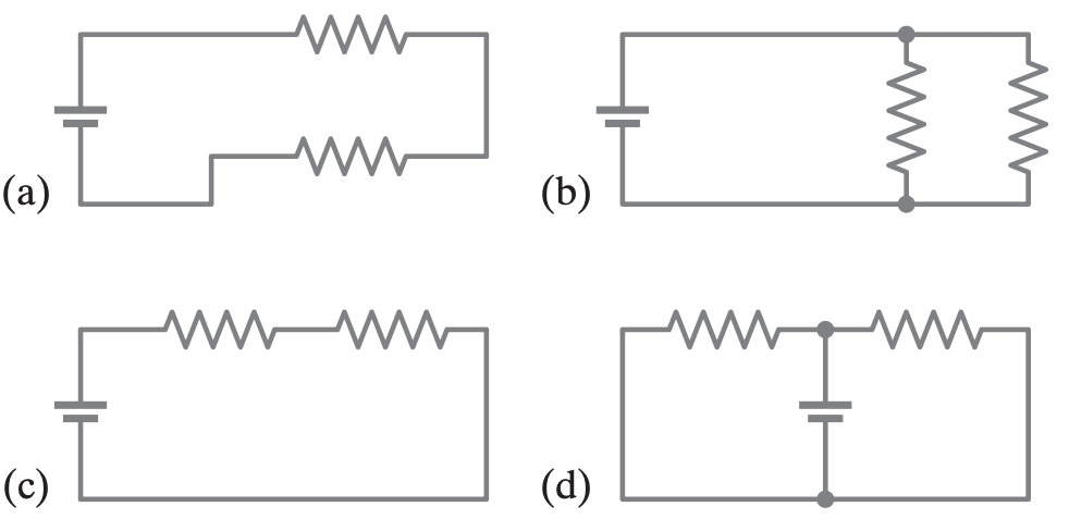 <p>A and C<br><br>Resistors are connected in series when there are no junctions between the resistors. With no junctions between the resistors, any current flowing through one of the resistors must also flow through the other resistor</p>