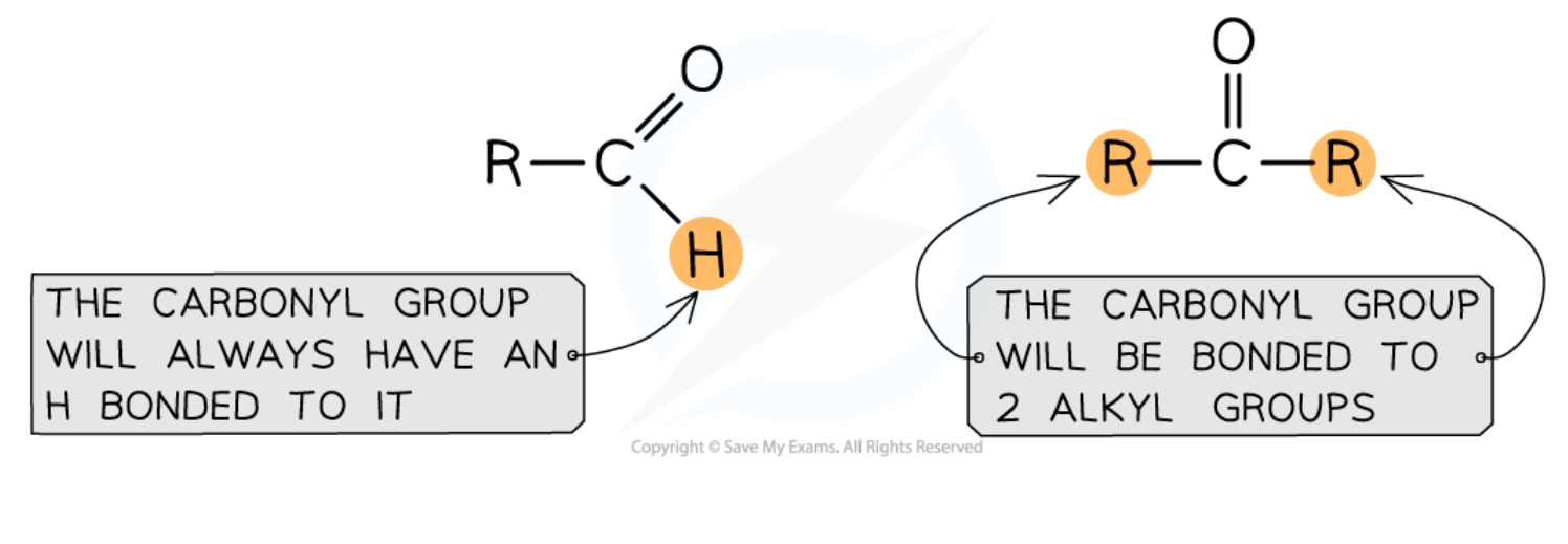 <p>aldehydes: C=O at the end of the chain</p><p>ketone: C=O somewhere in the chain(not ends)</p>