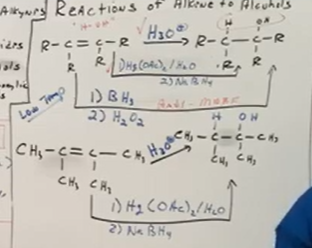 <p>Hg(OAc)/H2O with a step 2 NaBH4 work up step, or BH3 with a step 2 H2O2 work up step.  </p>
