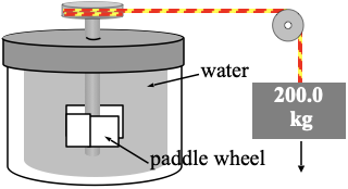 <p>31. A 200.0-kg object is attached via an ideal pulley system to paddle wheels that are submerged in 0.480 kg of water at 20.0 °C in an insulated container as shown in the drawing.  Then, the object falls through a distance of 5.00 m causing the paddle wheel to turn.  Assuming all of the mechanical energy lost by the falling object goes into the water, determine the final temperature of the water.</p><p>A. 4.90 °C</p><p>B. 20.5 °C</p><p>C. 24.9 °C</p><p>D. 40.4 °C</p><p>E. 98.2 °C</p>