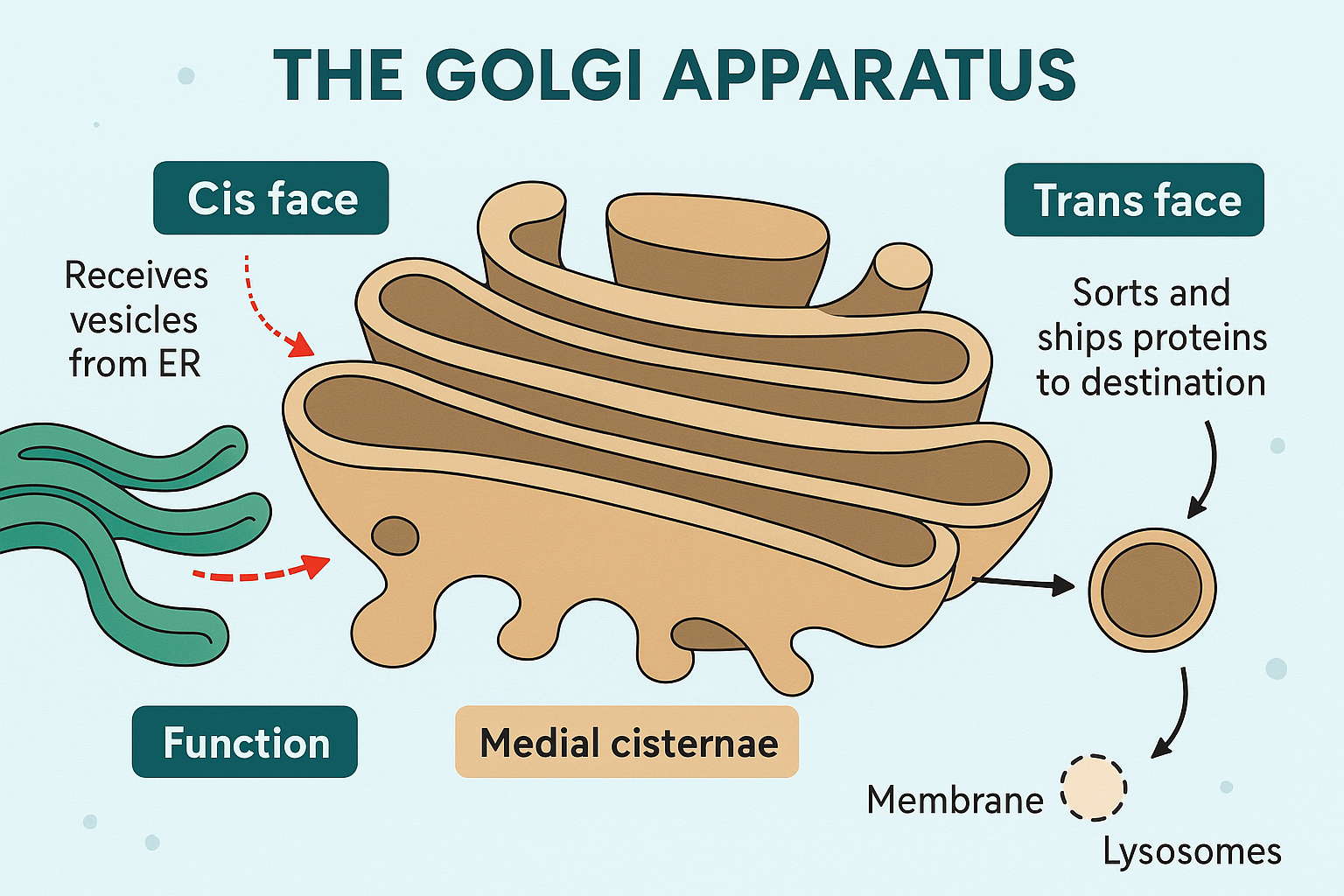 <p>Membrane-enclosed organelle in <u>eukaryotic </u>cells that<strong> modifies the proteins and lipids made in the endoplasmic reticulum and sorts them for transport to other sites</strong>.</p>