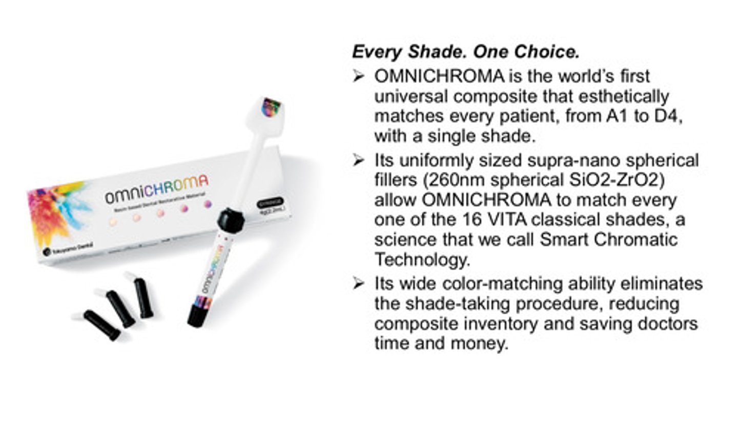 <p>1) world's first universal composite that esthetically matches every patient, from A1 to D4, with a single shade</p><p>2) its uniformly sized supra-nano spherical fillers allow omnichroma to match every one of the 16 VITA classical shades (we call this smart chromatic technology)</p><p>3) its wide color matching ability eliminates shade taking procedure, reducing composite inventory and saving doctors time and money</p>