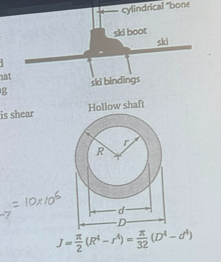<p>You are designing a ski binding that releases the boot when a desired torque is applied. You fix a cylindrical “bone” in a ski boot and apply torque, T, using the handle, as shown. The “bone” has a shear modulus of 3 GPa. It has outer diameter D = 4 cm and inner diameter d = 2cm. The length of the bone is 1 m.</p><p>a. Bone will break if the shear reaches 20 MPa, and the binding should release at 50% of that value. Determine the torque at which the binding should release the boot</p><p>b. Determine the maximum angle of twist when this shear stress is reached </p>