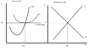 <p>It features a horizontal demand curve at the market price, representing perfect elasticity, with marginal cost and average cost curves intersecting at the firm's equilibrium output level. </p>