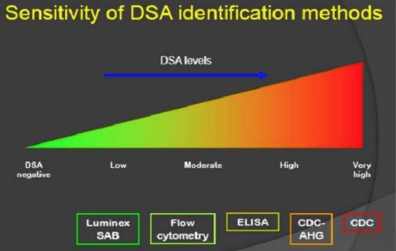 <p>LESS SENSITIVE</p><p>Luminex &lt; Flow cytometry &lt; ELISA &lt; CDC-AHG &lt; CDC</p><p>MOST SENSITIVE</p>