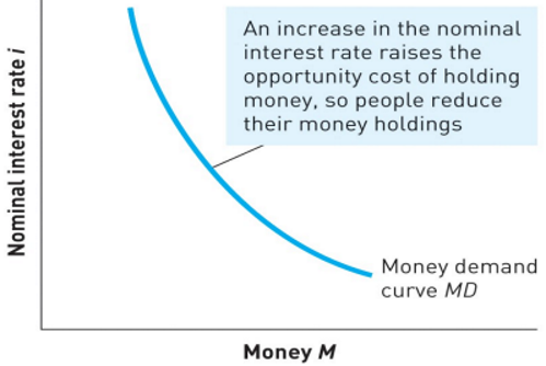 <ul><li><p><span>Shows the relationship between the aggregate quantity of money demanded (M) and the nominal interest rate (i)</span></p></li><li><p><span>Because an increase in the nominal interest rate increases the opportunity cost of holding money, which reduces the quantity of money demanded, the money demand curve slopes down</span></p></li></ul><p></p>