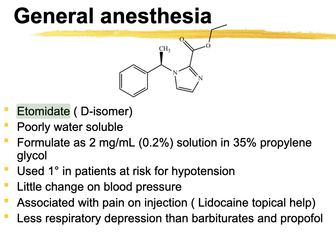 <p></p><p>Little change in blood pressure, less respiratory depression than barbiturates</p><p><strong>Inhibits adrenal cortical stress response</strong></p>