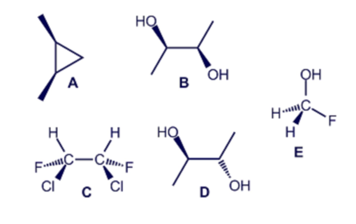 <p>Consider the molecules drawn in the diagram below. Select all of the structures that are meso compounds.</p>