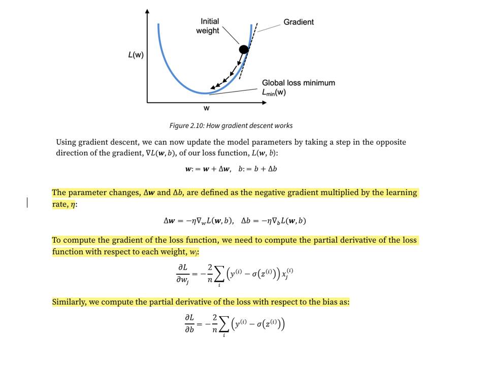 <p>Gradient descent is like climbing down a hill until a local or global loss minimum is reached. In each iteration we take one step in the opposite direction of the gradient, where the step size is determined by the value of the learning rate, as well as the slope of the gradient (the graph only shows this for a single weight for simplicity)</p><p></p><p></p>
