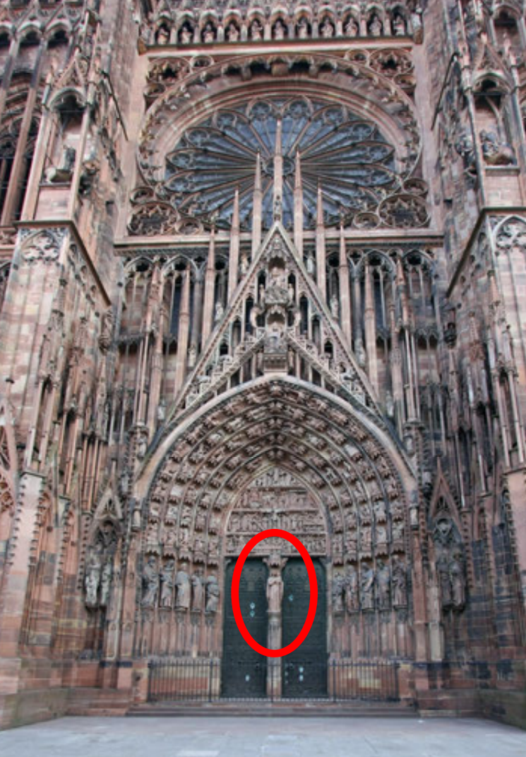 <p><span>A pillar separating two opening (doorways, etc) in a church’s portal</span></p>