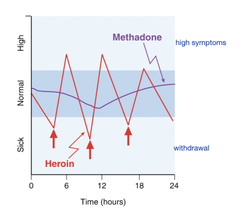 lack of impulse control over taking a drug, seeking it despite negative consequences 

wean off drug using methadone (long acting agonist) and buprenorphine (partial agonist)

dost enough to withdrawal but not enough to cause intoxication