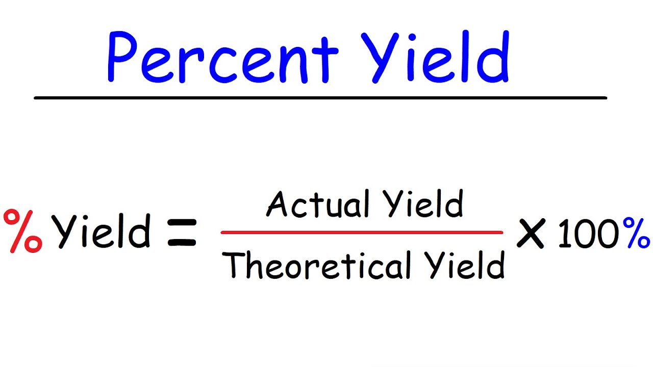 <p>% Yield = (Actual mass of a product / theoretical mass of product) x 100 </p>