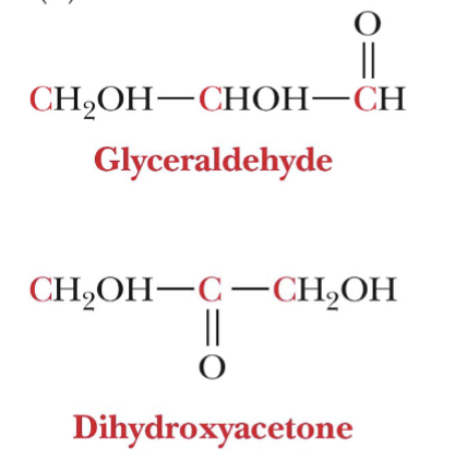 <p>Glyceraldehyde (<strong>aldotriose</strong>)  and Dihydroxyacetone (<strong>ketotriose</strong>)</p>
