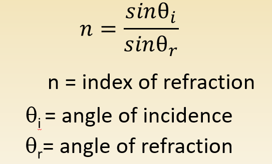 <p>n =  sin (angle of incidence) / sin (angle of refraction)</p>