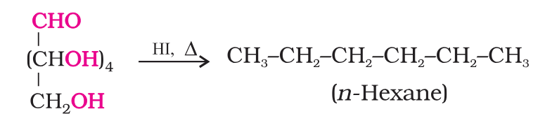 <p>On prolonged heating with HI, it forms n-hexane, suggesting that all the six carbon atoms are linked in a straight chain.</p>