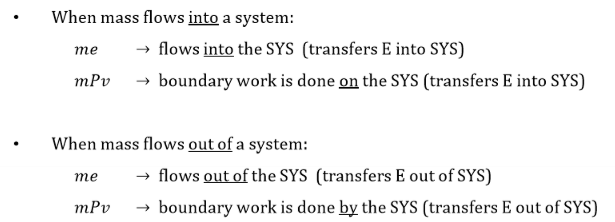 <p>Is used for calculating the total energy transferred when a mass is transferred (ie flows across) a boundary. </p><p>It accounts for energy carried by mass (e) and flow Pv</p>
