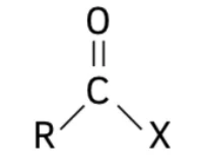 <p><span><span>(RCO-), </span></span>formed by removing the -OH (hydroxyl) from a carboxylic acid, featuring a <strong>carbonyl</strong> and <strong>single-bonded</strong> to another alkyl group (<strong>R</strong>).</p>