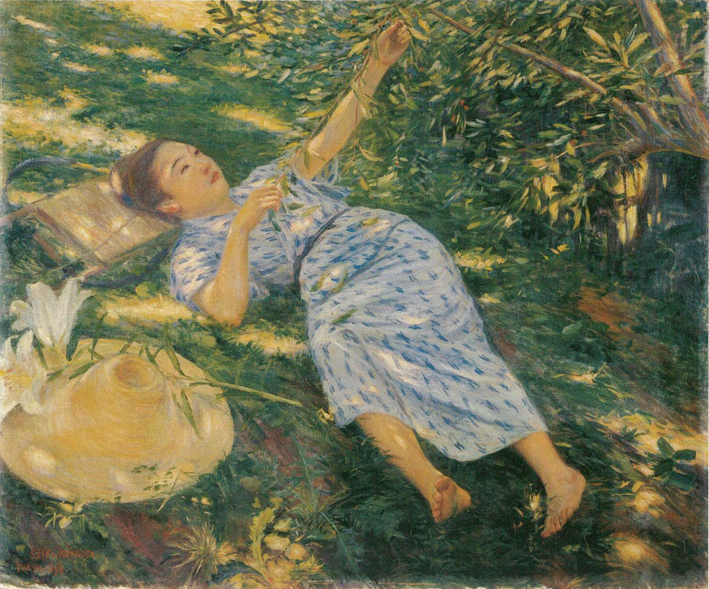 <p>Painted in the yoga or western style of Japanese piece, this piece depicts a Japanese woman who is reclining in the shade. The piece is heavily influenced by French modern styles while still keepingits  Japanese identity. </p>