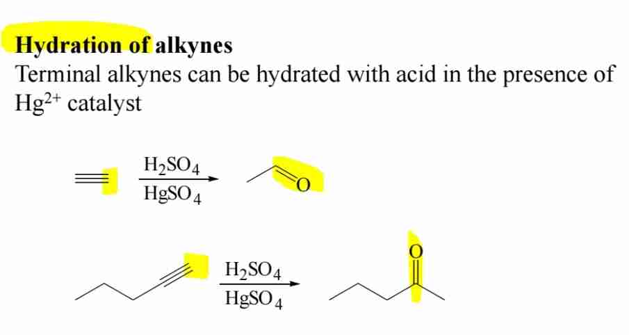 <p><span>Terminal alkynes react with water (Hg2+^{2+}, acid catalyst) to form ketones.</span></p>