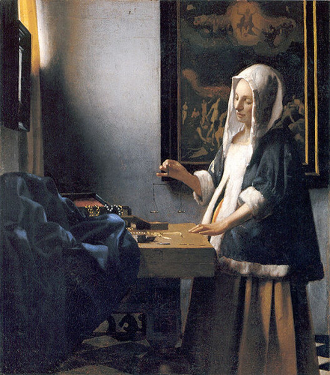 <p>Vermeer almost always focuses on women and a sense of calm. He gives us a glimpse into what the daily life of the people in the 17th C would have been like. This painting depicts a pregnant woman holding an empty balance next to her box of jewelry in front of a painting of Christ's last judgement. These things represent divine truth or justice.</p>