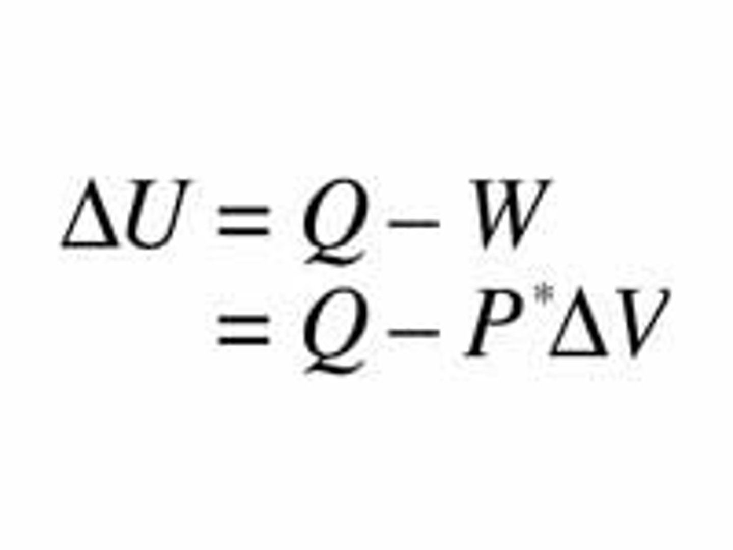 <p>Energy can be transferred and transformed, but it cannot be created or destroyed.</p><p>U-internal energy of the system</p><p>Q-heat added to system</p><p>W-work done by system</p>