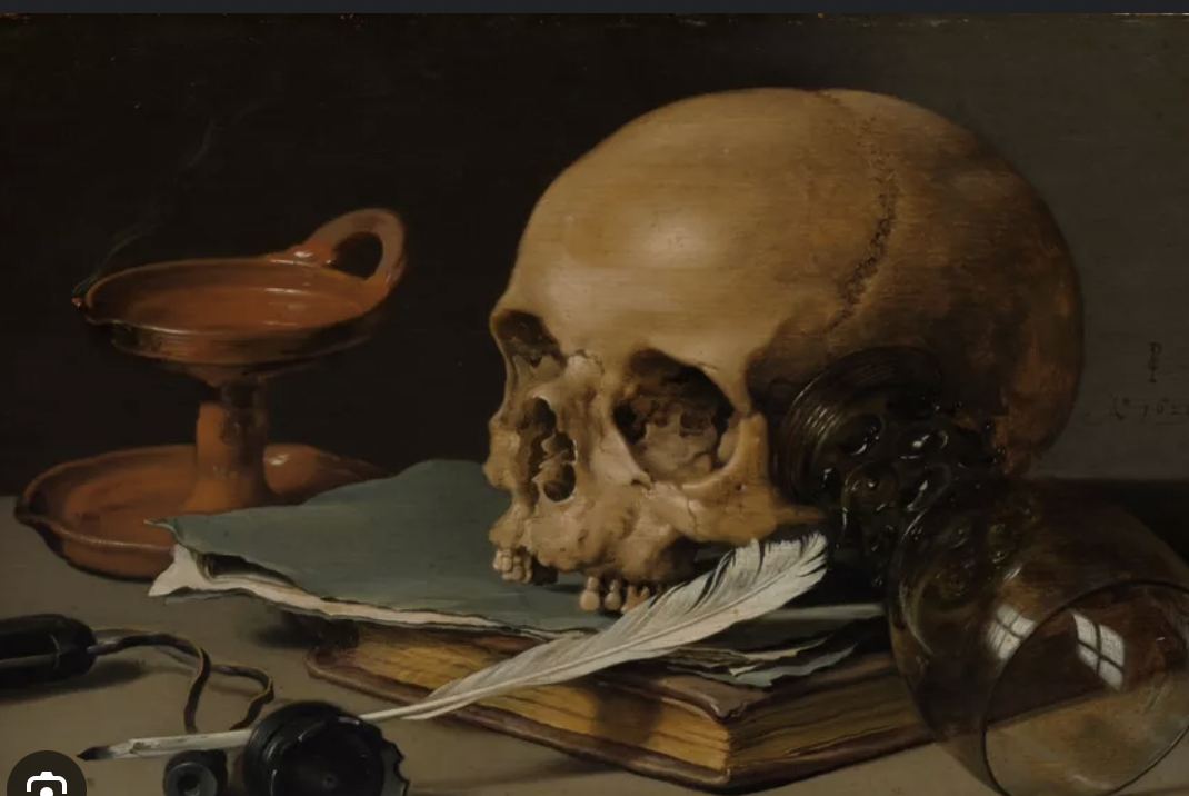 <p>a genre of still life in art that symbolizes the transience of life and the futility of pleasure, often featuring objects like skulls and hourglasses. </p>
