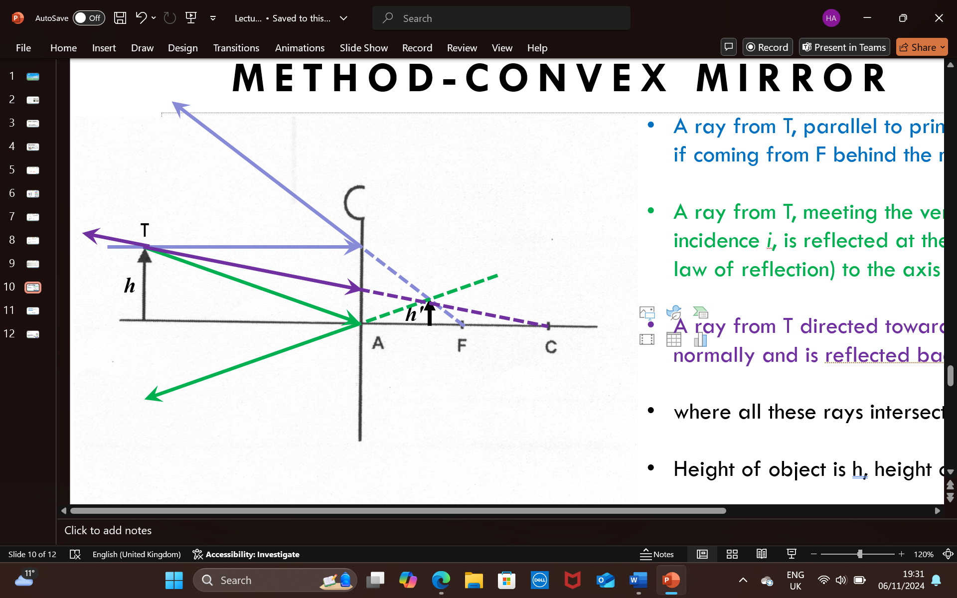 <p>1 - a ray from T, parallel to the principle axis is reflected as if it is coming from F behind the mirror</p><p>2- a ray from T meets the vertex/pole (A) at some angle of incidence (i), and is reflected at the same angle i’ (angle of i = angle of i’) to the axis</p><p>3- a ray from T directed towards C meets the convex mirror normally and is reflected back along the same path</p><p>where all the rays intersect = a virtual upright and (always) smaller image (than the object) is formed - irrespective of where the object is it will ALWAYS produce this kind of image ^^^</p><p>h = height of object and h’ = height of image</p>