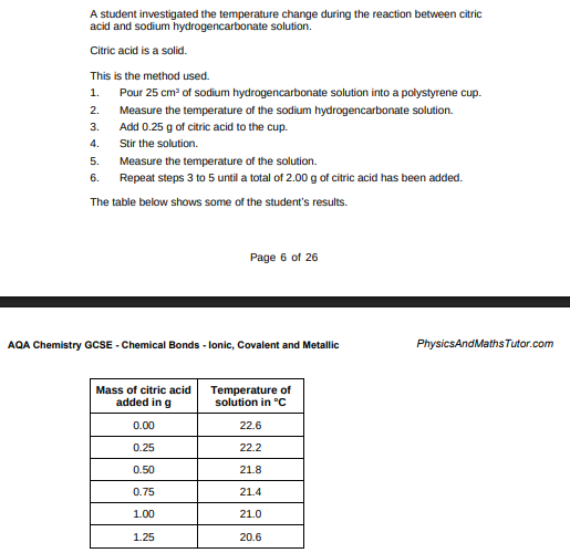 <p>How do the results in table above show that the reaction is endothermic?(1)</p>