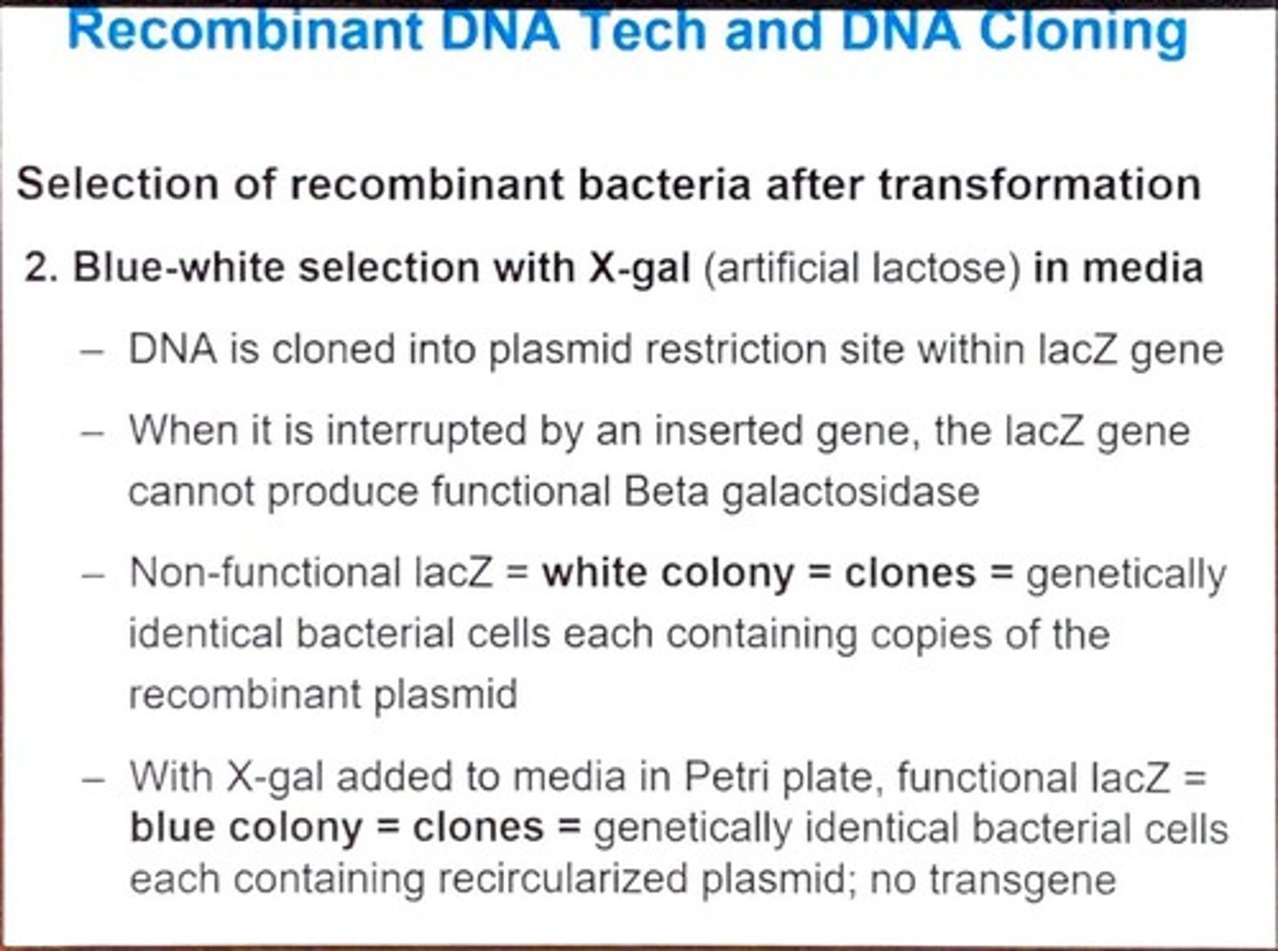 <p>It uses X-gal in media to differentiate between colonies; white colonies indicate successful insertion of a gene into the lacZ gene, while blue colonies indicate no insertion.</p>